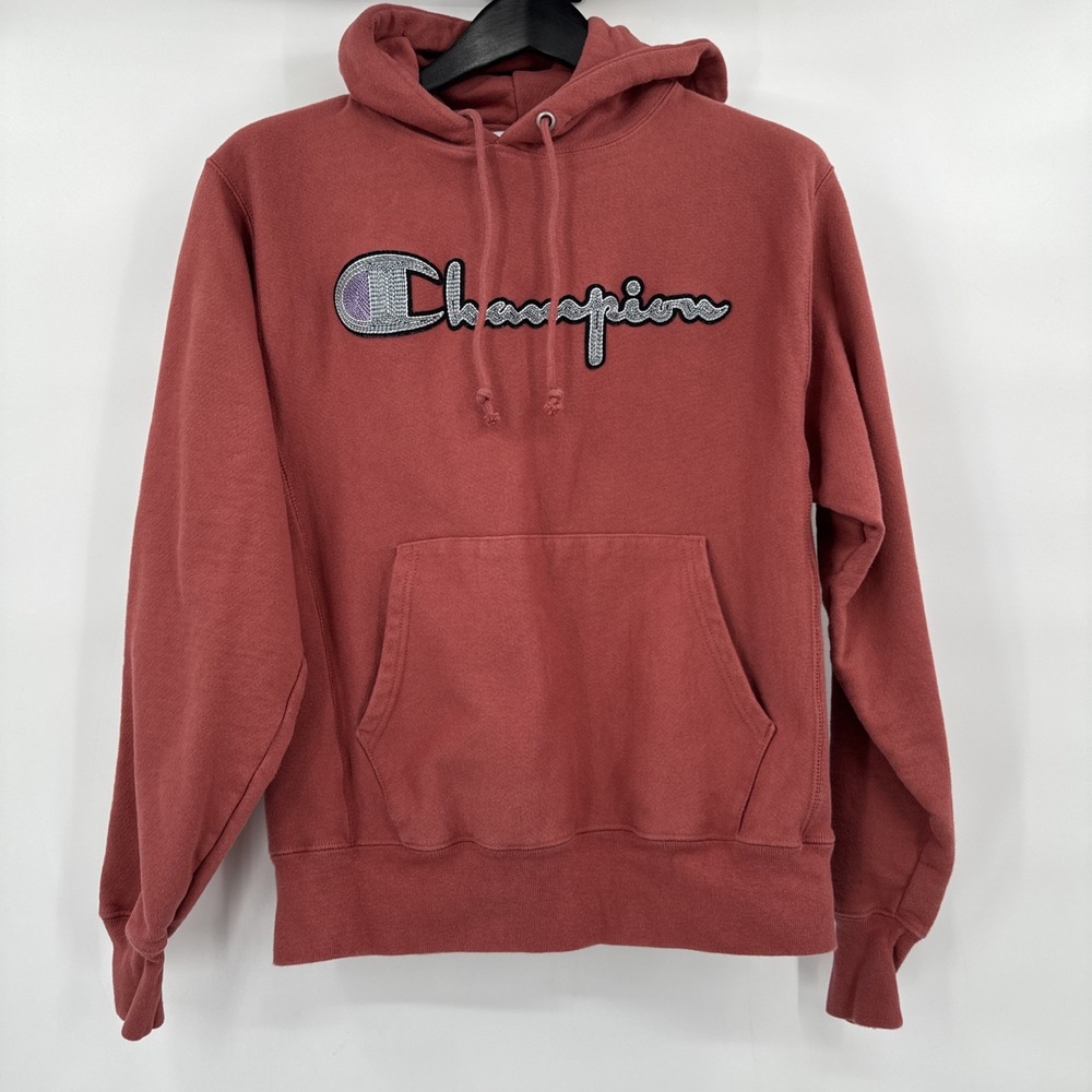 vtg‎ CHAMPION Reverse Weave Hoodie Sweatshirt Sz M Coral Spellout LOGO svl logo